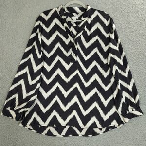 Chicos Blouse Womens 2 US 12 Large Black White Chevron Striped Split Neck Shirt
